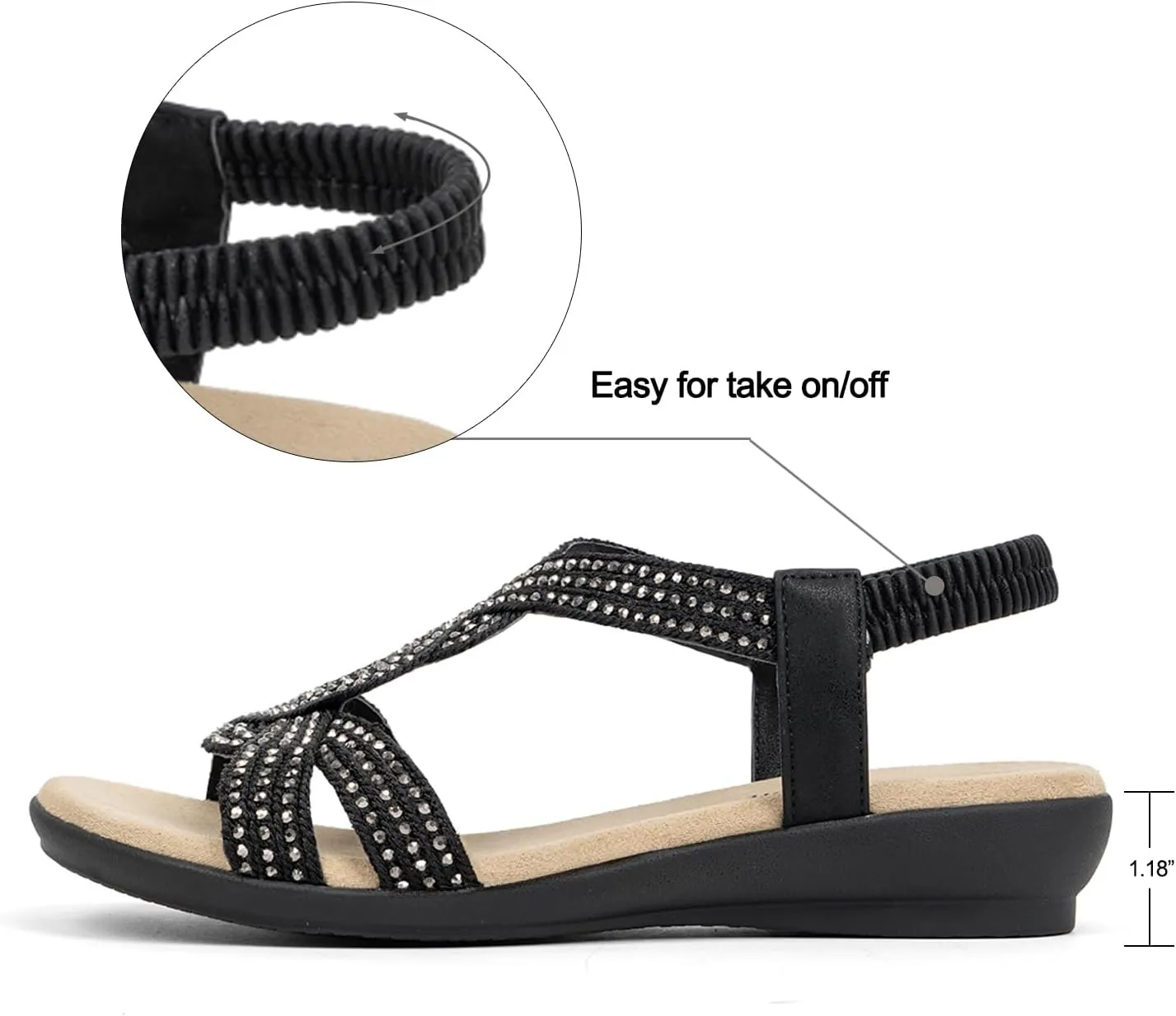 VJH confort Women's Flat Sandals Rhinestone Stretchy Strap Low Wedge Comfy Dressy Walking Sandals