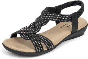 VJH confort Women's Flat Sandals Rhinestone Stretchy Strap Low Wedge Comfy Dressy Walking Sandals