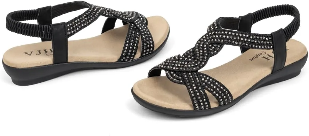 VJH confort Women's Flat Sandals Rhinestone Stretchy Strap Low Wedge Comfy Dressy Walking Sandals