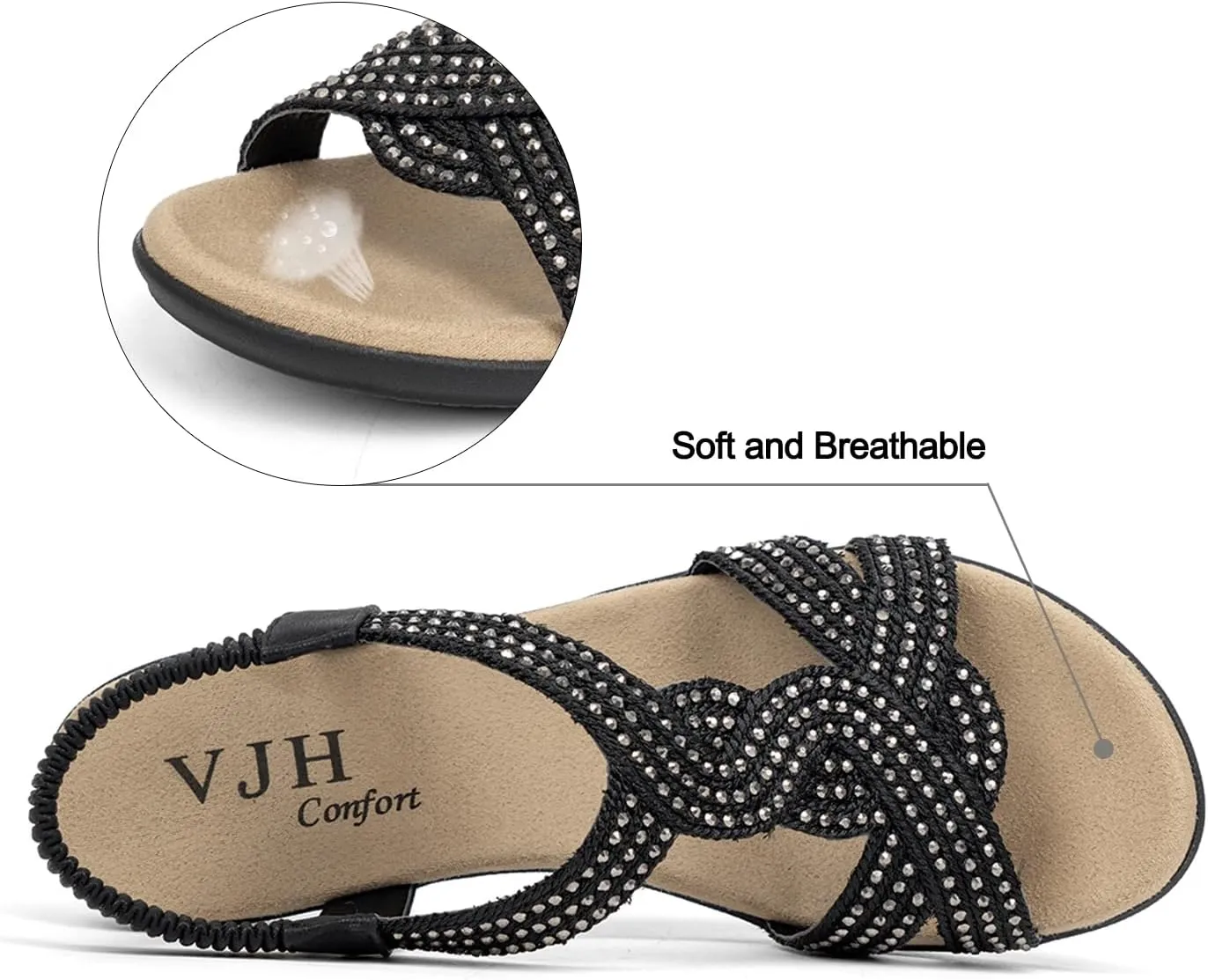 VJH confort Women's Flat Sandals Rhinestone Stretchy Strap Low Wedge Comfy Dressy Walking Sandals