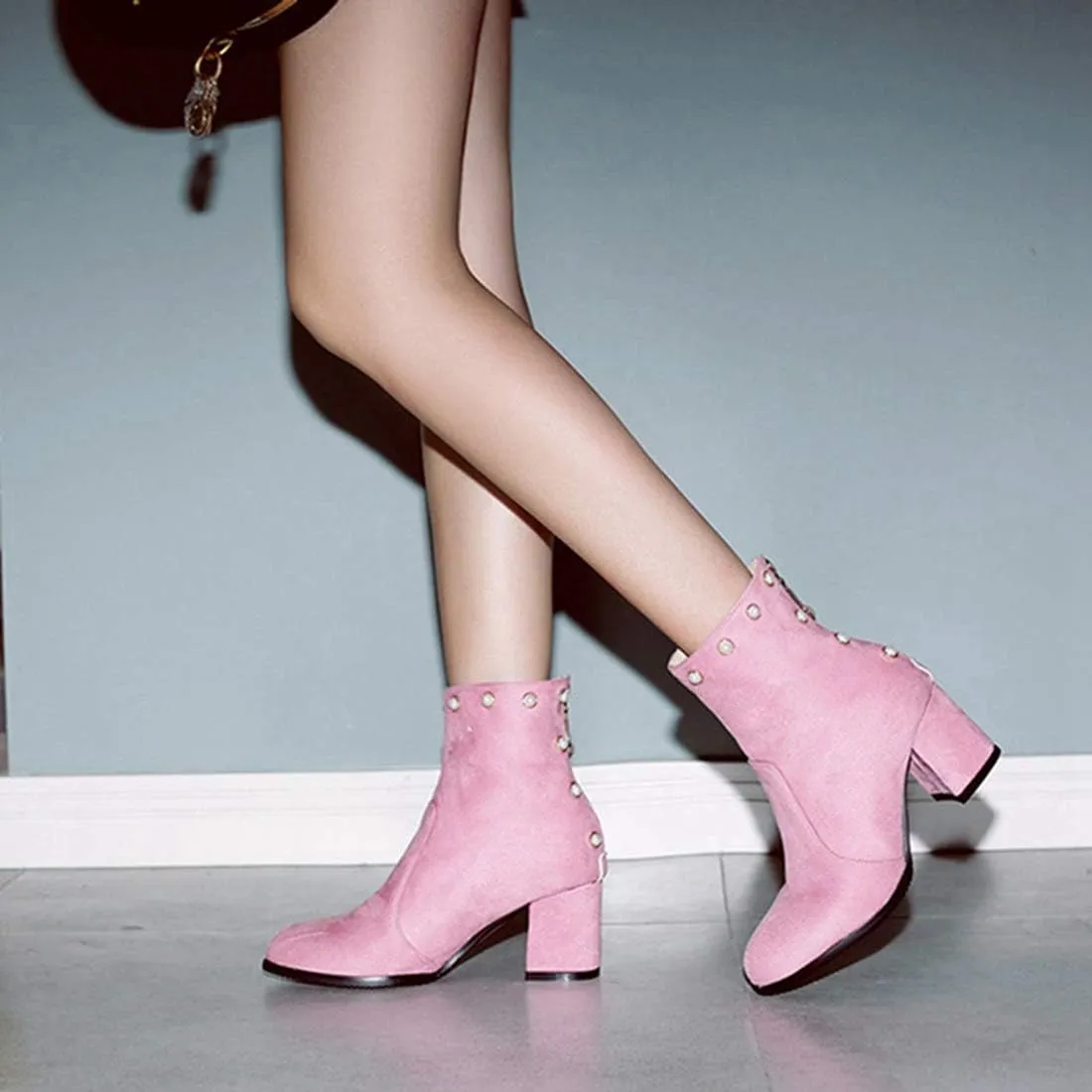 VOKLIN Women's Chunky Block Heel Dress Ankle Boots Suede Round Toe Zipper Booties Studded Pearls Short Boot