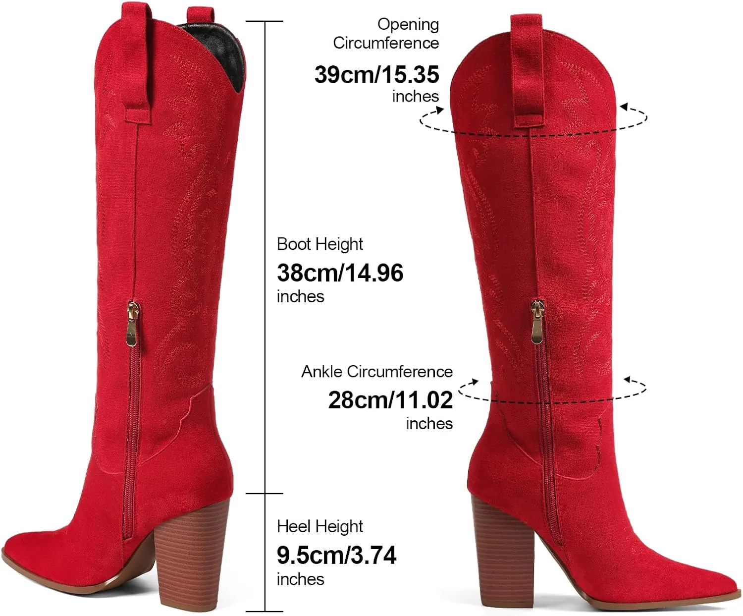 VOMIRA Knee High Cowboy Boots for Women Pointed Toe Chunky High Heels Pull-on Embroidered Boots Western Boots Wide Calf Cowgirl Boots