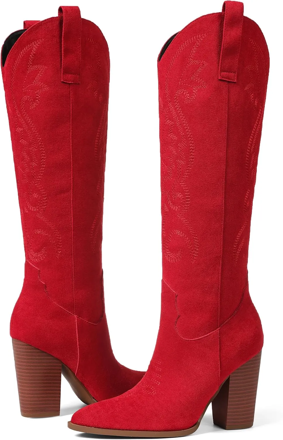 VOMIRA Knee High Cowboy Boots for Women Pointed Toe Chunky High Heels Pull-on Embroidered Boots Western Boots Wide Calf Cowgirl Boots