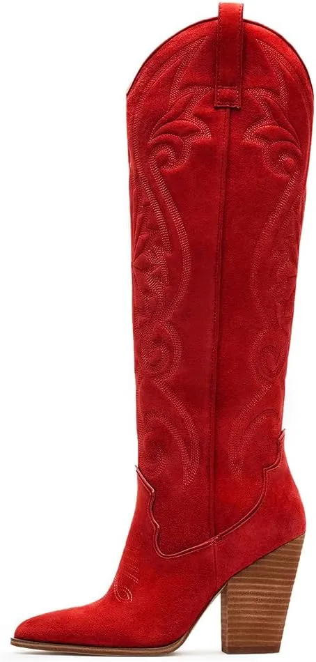 VOMIRA Knee High Cowboy Boots for Women Pointed Toe Chunky High Heels Pull-on Embroidered Boots Western Boots Wide Calf Cowgirl Boots