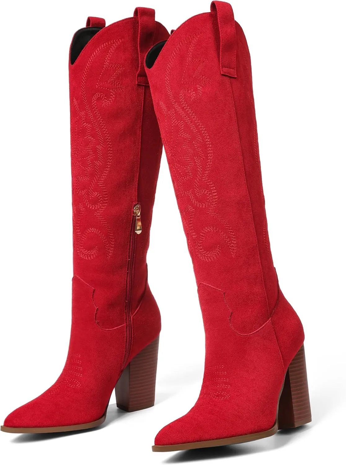 VOMIRA Knee High Cowboy Boots for Women Pointed Toe Chunky High Heels Pull-on Embroidered Boots Western Boots Wide Calf Cowgirl Boots