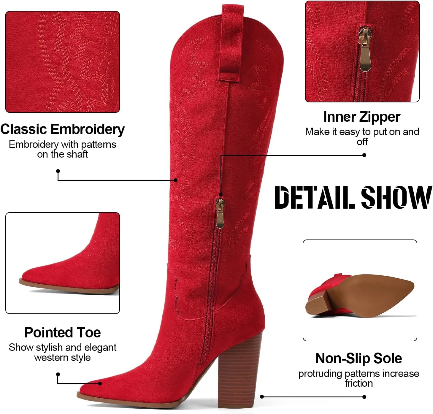 VOMIRA Knee High Cowboy Boots for Women Pointed Toe Chunky High Heels Pull-on Embroidered Boots Western Boots Wide Calf Cowgirl Boots