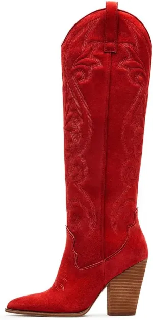 VOMIRA Knee High Cowboy Boots for Women Pointed Toe Chunky High Heels Pull-on Embroidered Boots Western Boots Wide Calf Cowgirl Boots