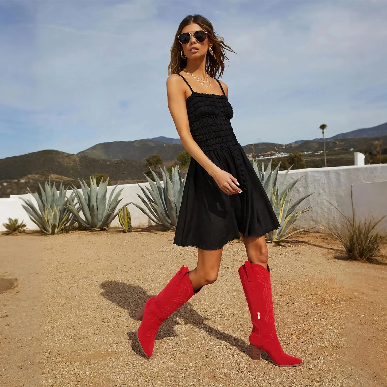 VOMIRA Knee High Cowboy Boots for Women Pointed Toe Chunky High Heels Pull-on Embroidered Boots Western Boots Wide Calf Cowgirl Boots