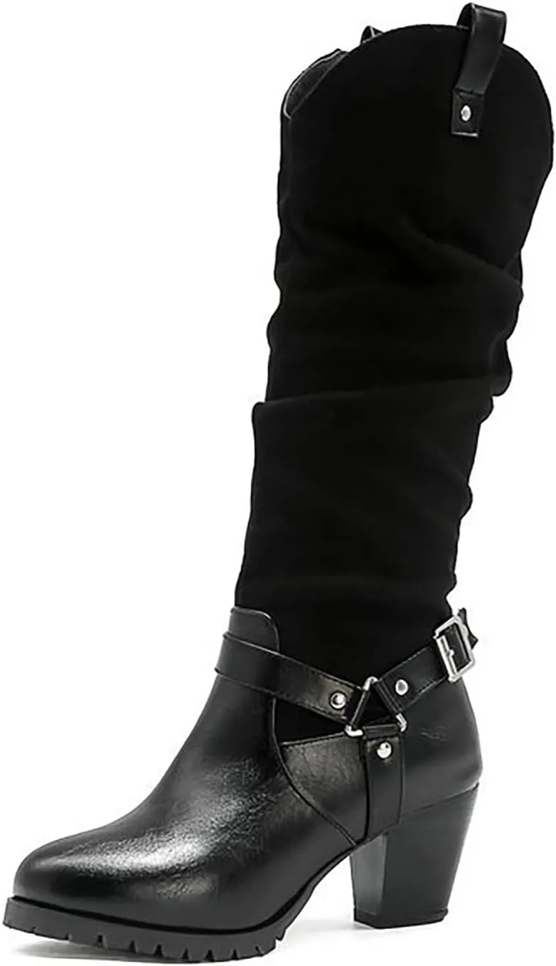 VULTRO Women's Western Retro Riding Boots Round Toe Chunky Heel Patchwork Boots with Buckle