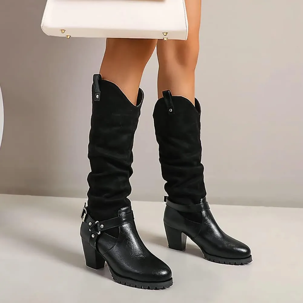 VULTRO Women's Western Retro Riding Boots Round Toe Chunky Heel Patchwork Boots with Buckle
