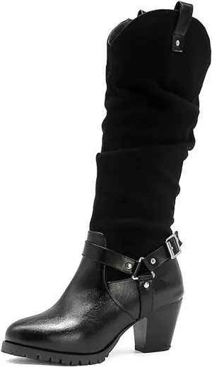 VULTRO Women's Western Retro Riding Boots Round Toe Chunky Heel Patchwork Boots with Buckle
