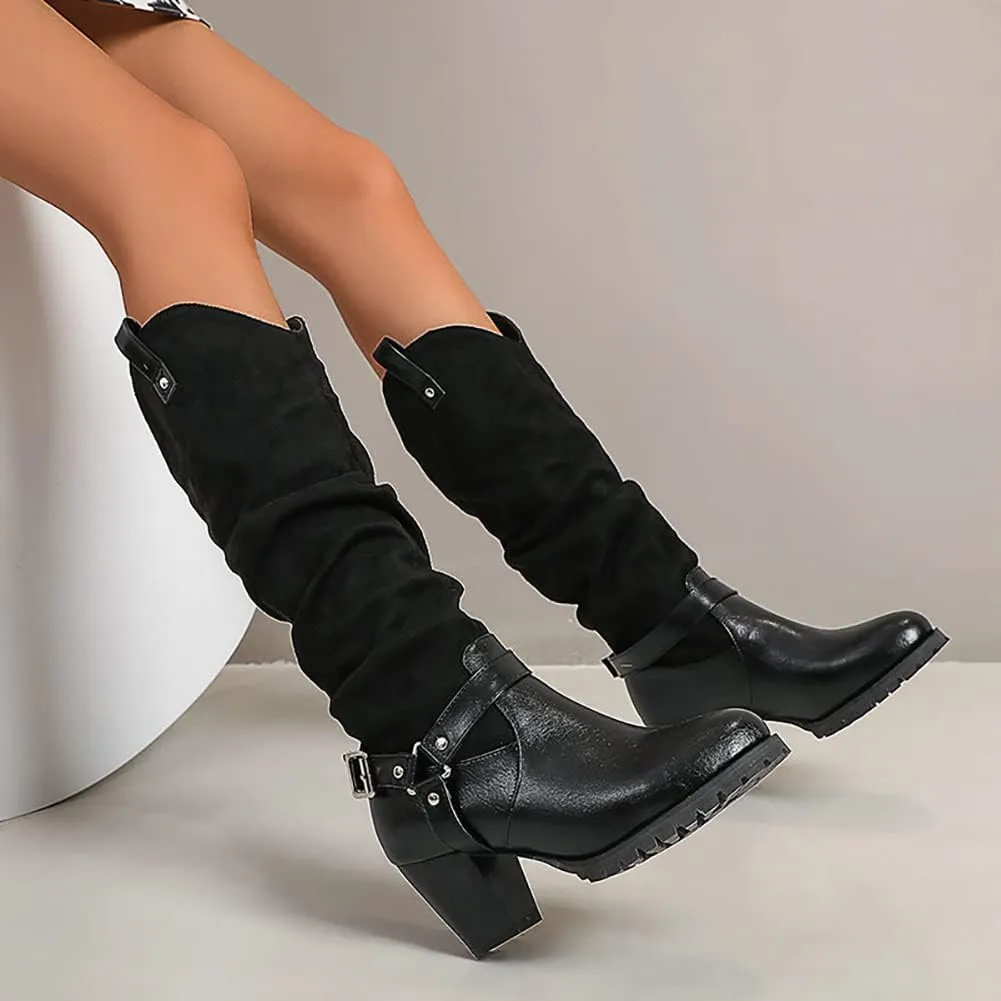 VULTRO Women's Western Retro Riding Boots Round Toe Chunky Heel Patchwork Boots with Buckle
