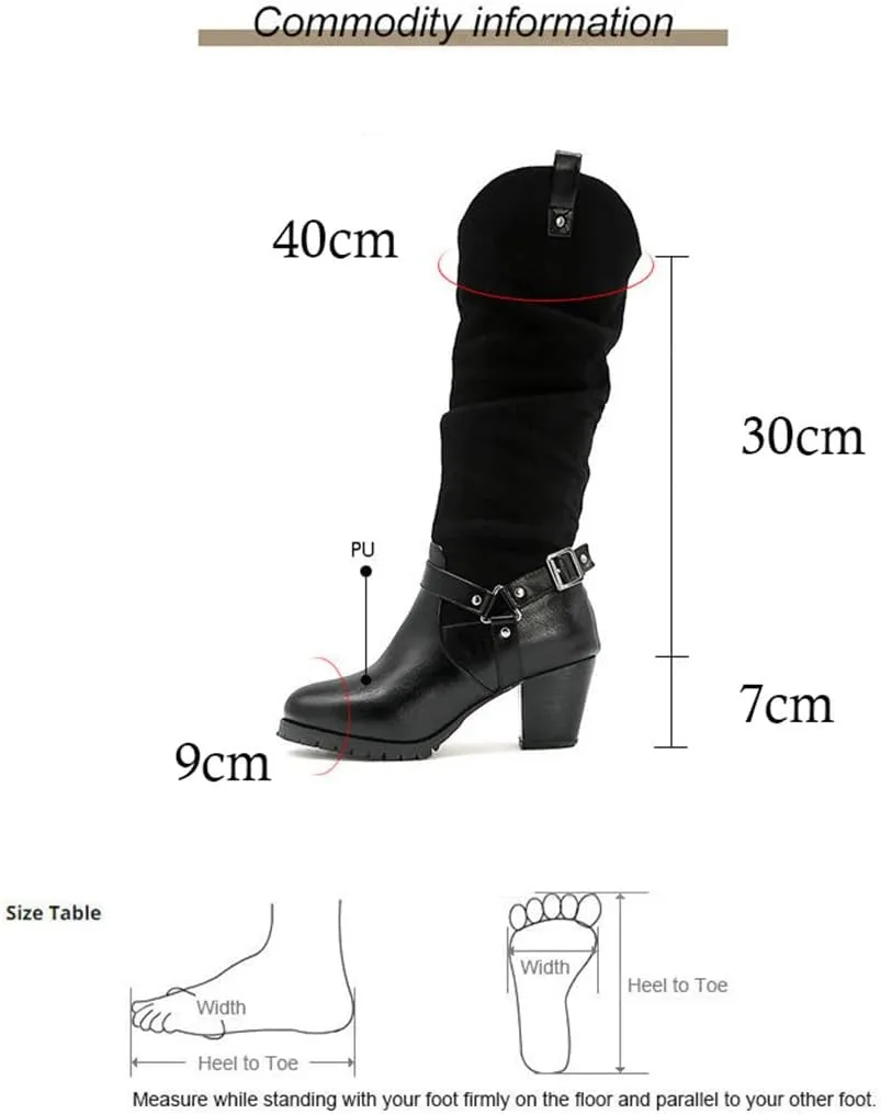 VULTRO Women's Western Retro Riding Boots Round Toe Chunky Heel Patchwork Boots with Buckle