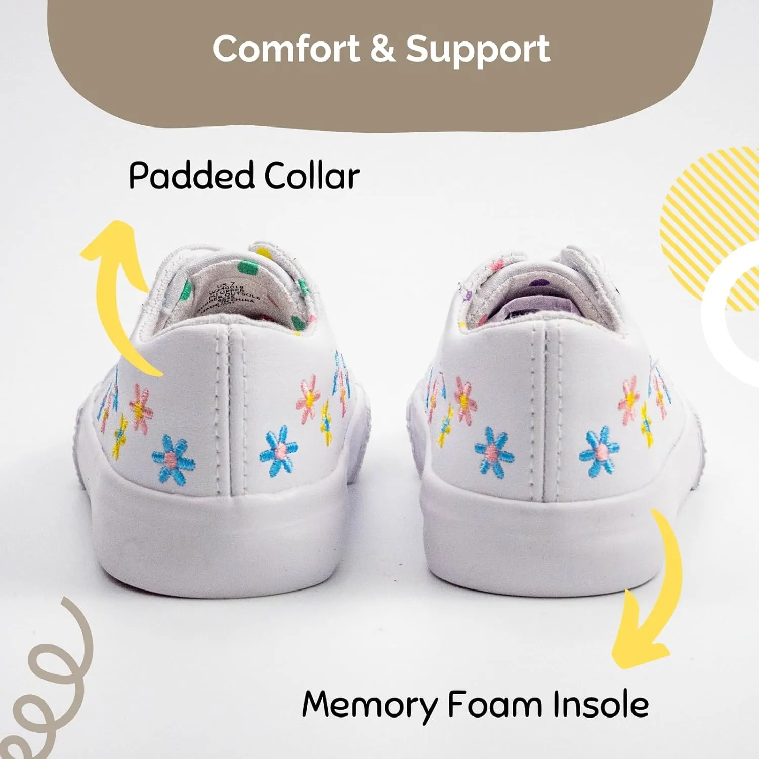 waddle wonder Kids Casual Sneakers for Boys and Girls, Low Top and Lightweight Slip on Flower Embroidery Classic Casual Shoes for Toddlers with Elastic Lace