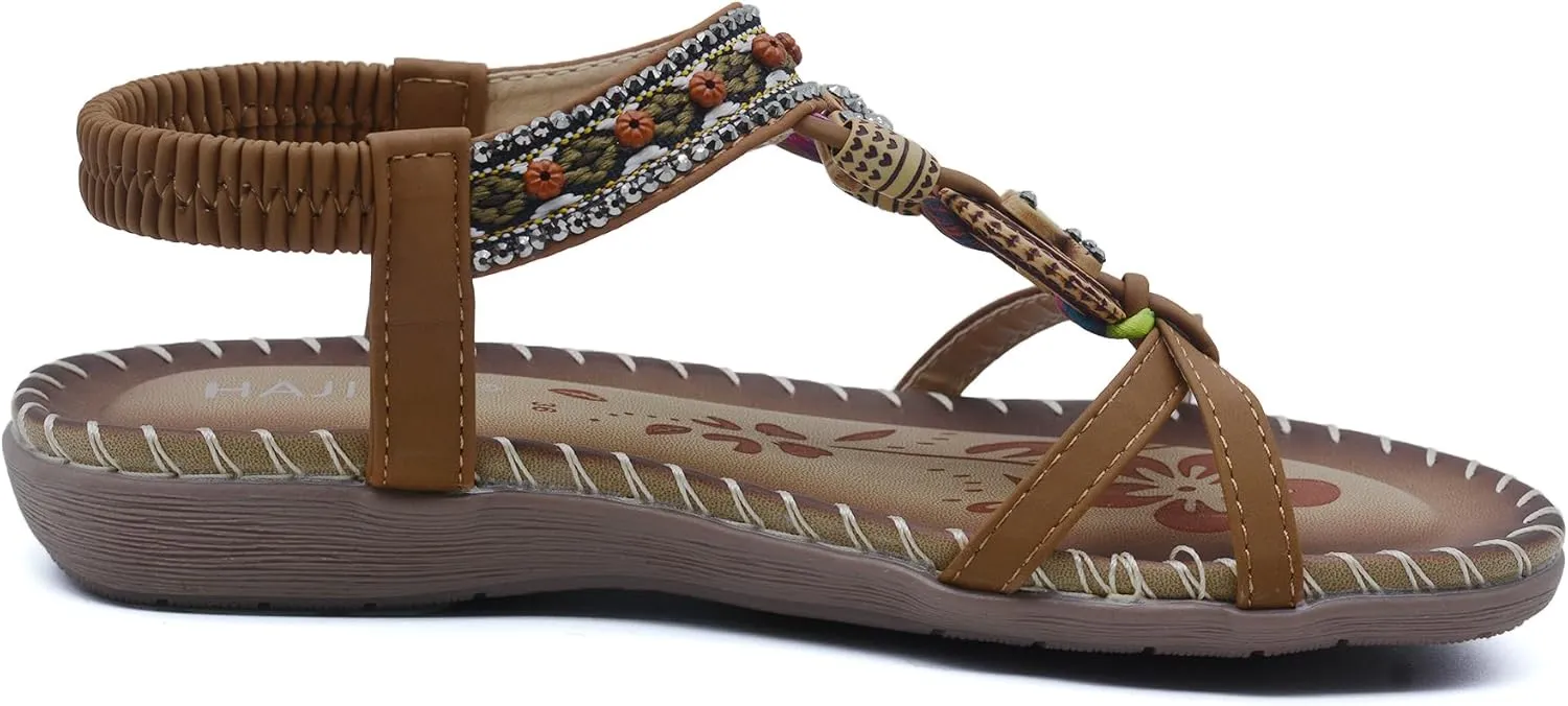 Walking Sandals Women Comfort Dressy Womens Flat Sandals Non Slip On Bohemian Summer Beach Shoes With Elastic Ankle Strap