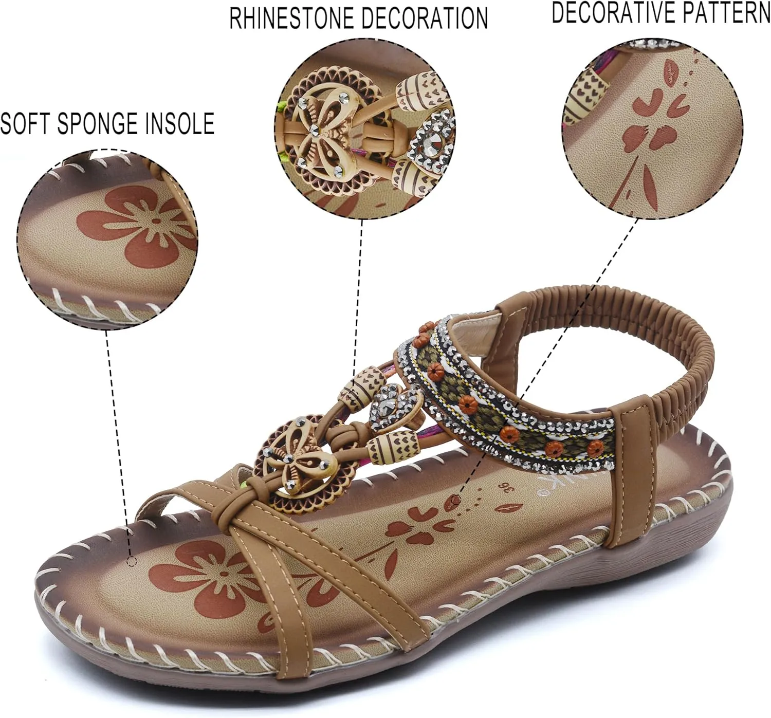 Walking Sandals Women Comfort Dressy Womens Flat Sandals Non Slip On Bohemian Summer Beach Shoes With Elastic Ankle Strap