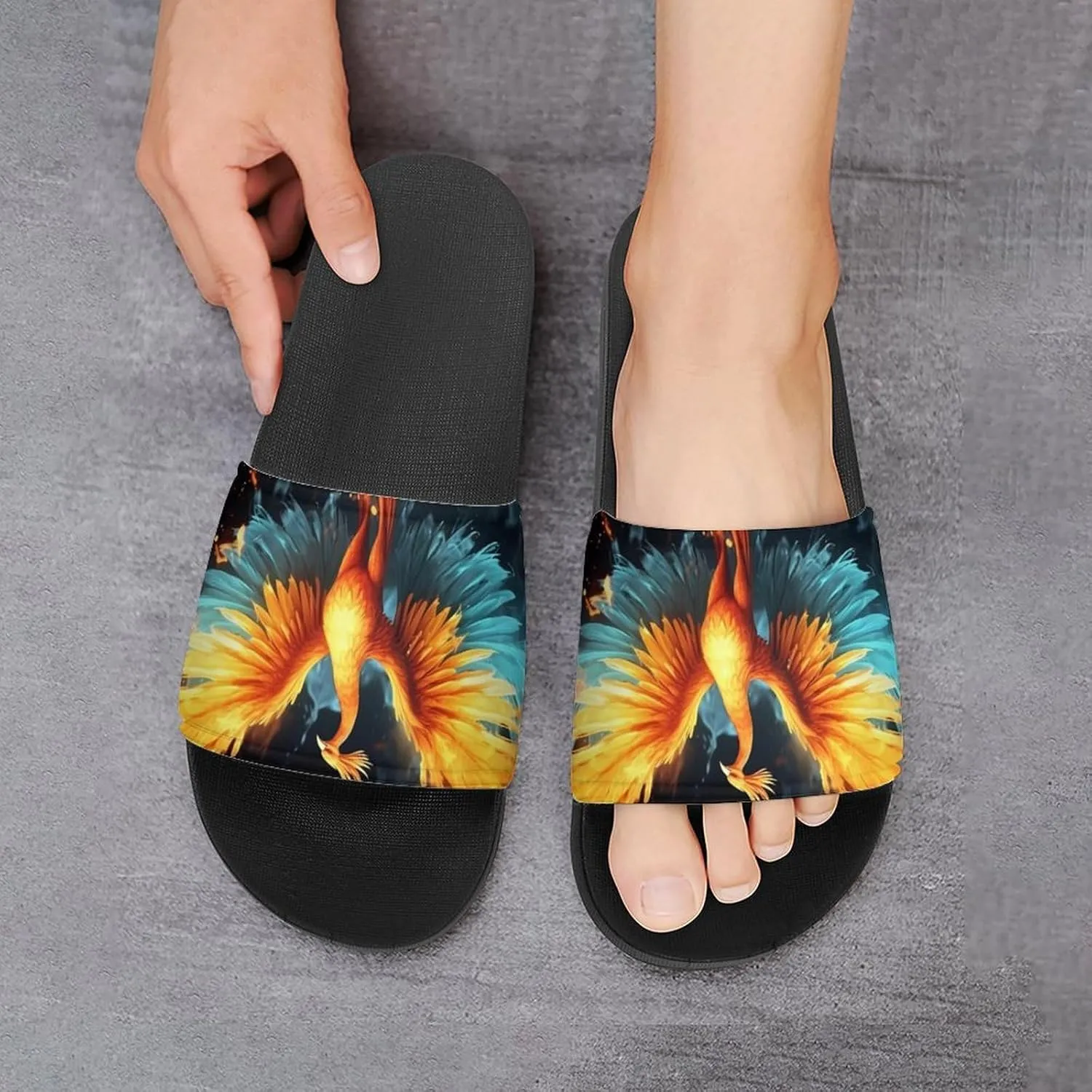 Water Ice and Fire Rising Phoenixes Non Slip Slides Sandals for Women Men Quick Drying Shower Shoes for Bathroom Pool Beach