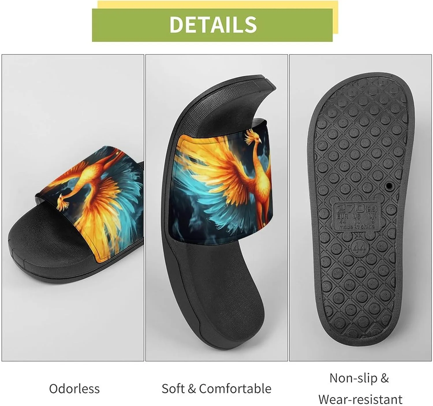 Water Ice and Fire Rising Phoenixes Non Slip Slides Sandals for Women Men Quick Drying Shower Shoes for Bathroom Pool Beach