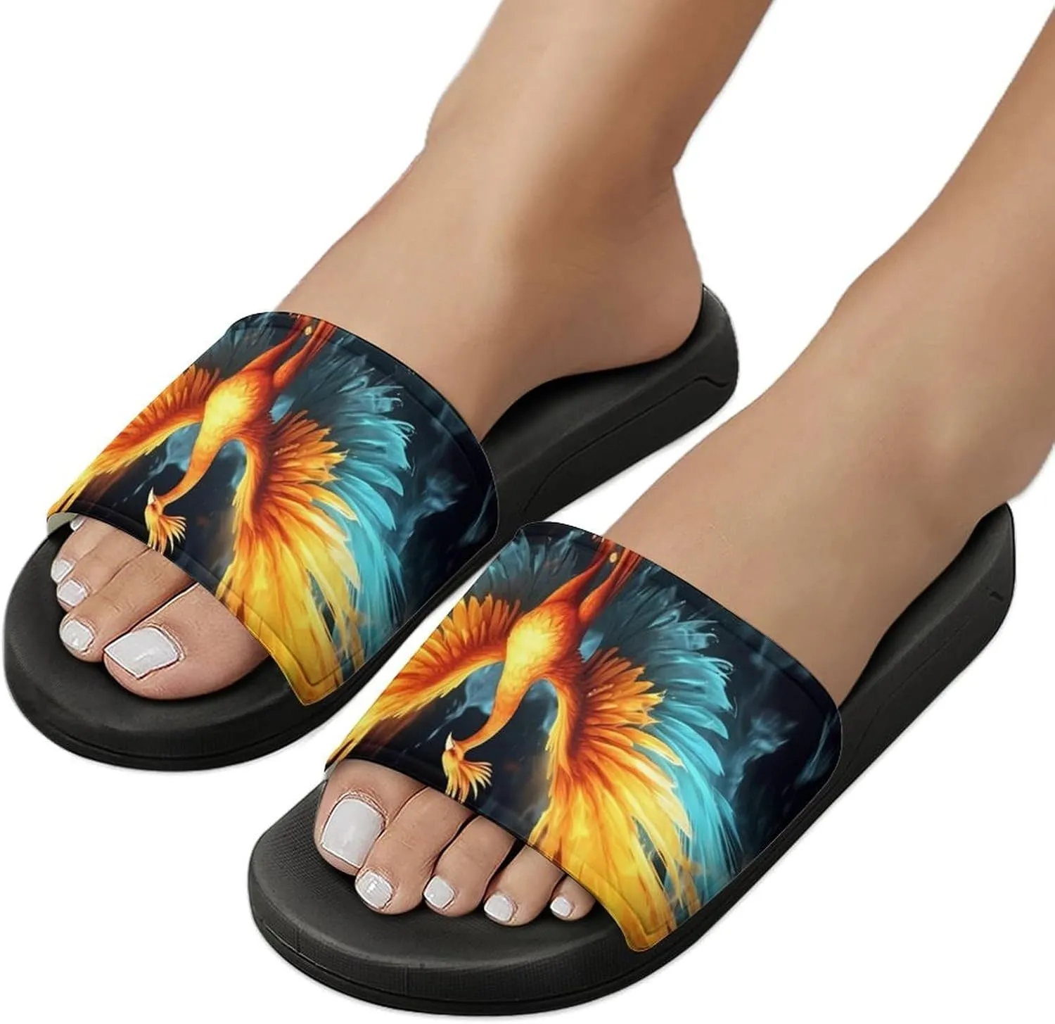 Water Ice and Fire Rising Phoenixes Non Slip Slides Sandals for Women Men Quick Drying Shower Shoes for Bathroom Pool Beach