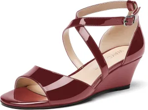 WAYDERNS Women's Open Toe Patent Cross Strap Solid Buckle Wedge Low Heel Wedges Sandals 2 Inch