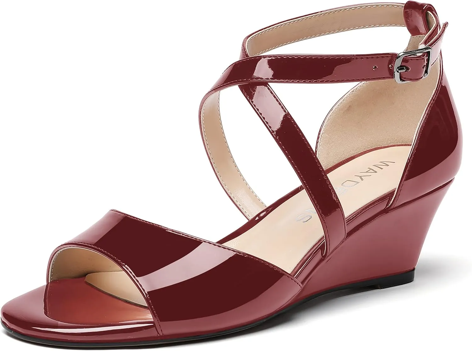 WAYDERNS Women's Open Toe Patent Cross Strap Solid Buckle Wedge Low Heel Wedges Sandals 2 Inch