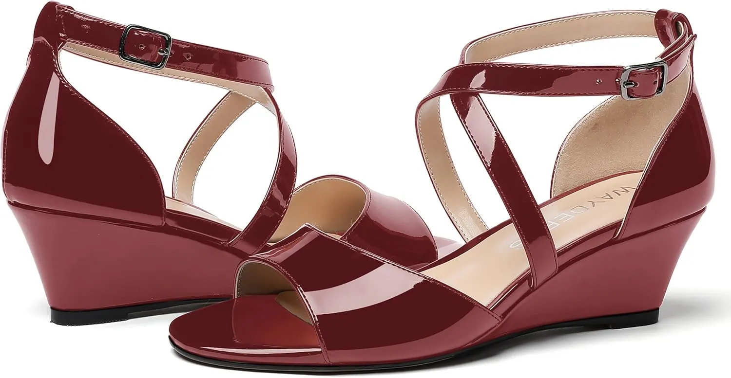WAYDERNS Women's Open Toe Patent Cross Strap Solid Buckle Wedge Low Heel Wedges Sandals 2 Inch