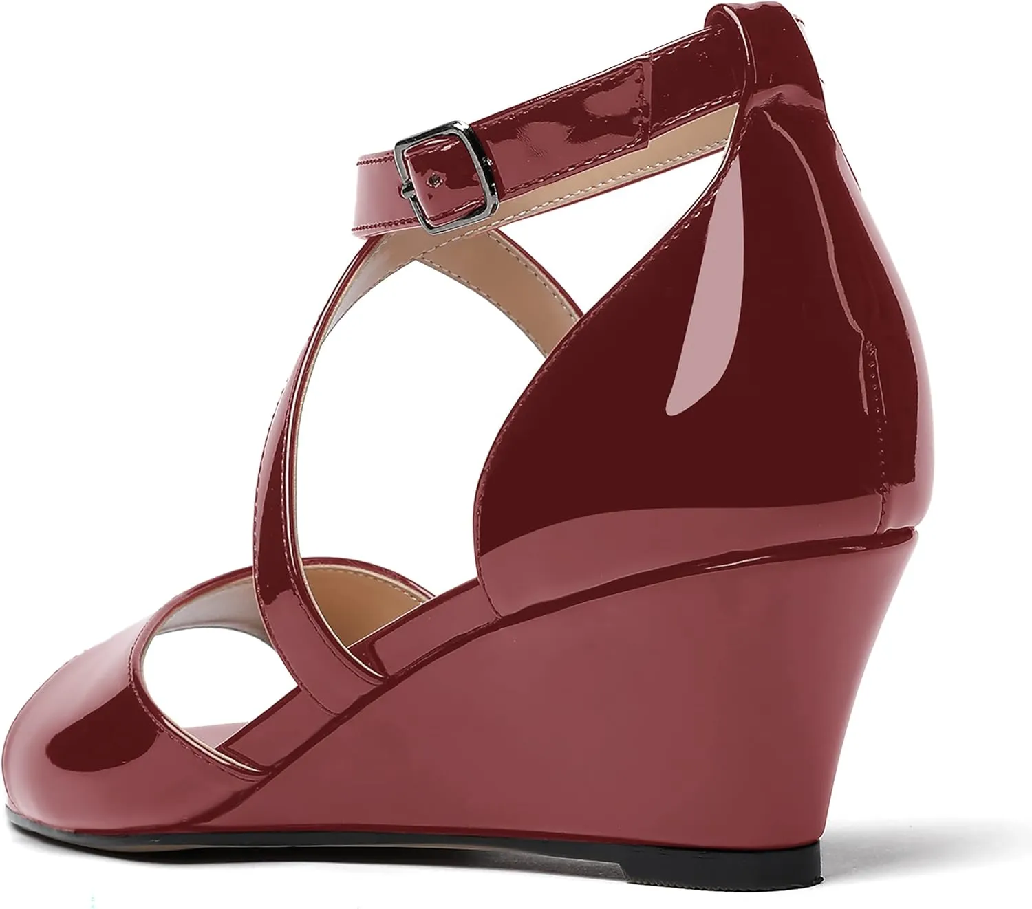 WAYDERNS Women's Open Toe Patent Cross Strap Solid Buckle Wedge Low Heel Wedges Sandals 2 Inch