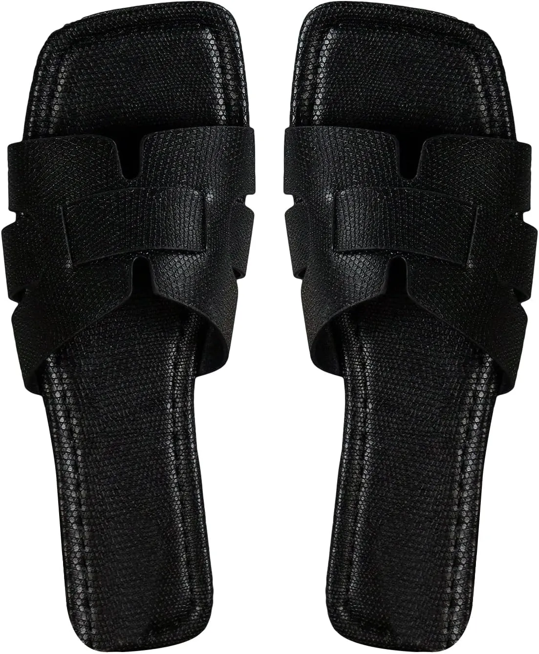 WDIRARA Women's H Sandals Crocodile Embossed Cut Out Flat Sandals Open Toe H Cross Strappy Slide Sandals