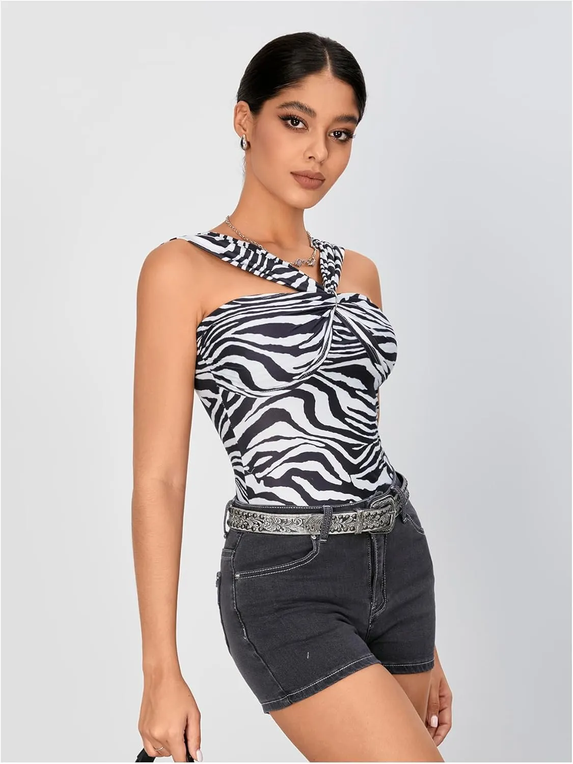 WDIRARA Women's Zebra Print Sleeveless Ruched Halter Top Sexy Slim Fit Tank Top Clubwear