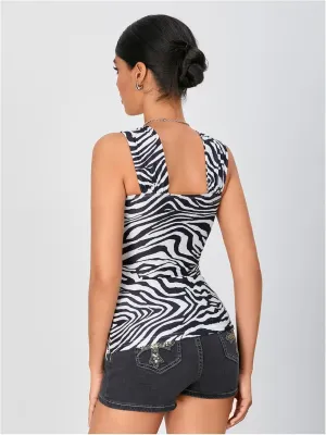 WDIRARA Women's Zebra Print Sleeveless Ruched Halter Top Sexy Slim Fit Tank Top Clubwear