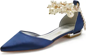 Wedding Bridal Shoes Beaded Ankle Strap Low Heels Women's Pumps Pointed Toe Closed Toe Sandal 2CM High Heels Satin Flats Elegant Formal,Dark blue,11
