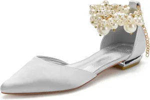 Wedding Bridal Shoes Beaded Ankle Strap Low Heels Women's Pumps Pointed Toe Closed Toe Sandal 2CM High Heels Satin Flats Elegant Formal,Silver,6