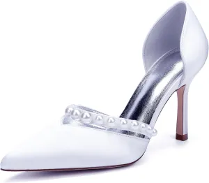 Wedding Bridal Shoes Satin Closed Toe Pointed Toe Sandals Pumps Womens Bride Shoes Stiletto High Heels Slip-On Evening Dress Rhinestones,White,6