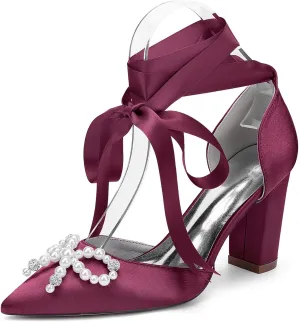 Wedding Bridal Shoes Women Bridal Pointed Toe Heels Chunky Women Dress Shoes Pumps 8.5Cm