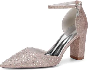 Wedding Bridal Shoes Women's Pointed Toe Chunky Heel Bridal Prom Party Dress High Shoes 8.5Cm