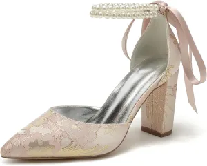 Wedding Shoes for Bride Closed Toe Block Heel Womens High Heels Pointed Toe Pumps Bridal Shoes Bowknot Strap Pearl Sandals Floral Satin Evening,Pink,8.5