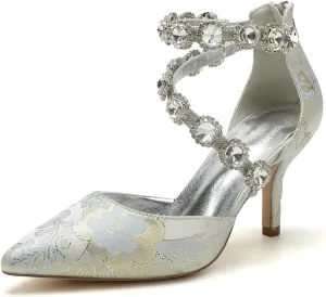 Wedding Shoes for Bride Closed Toe Womens Pointed Toe Bridal Shoes Ankle Strap Stiletto Pumps Floral Satin Evening Dress Sandals Elegant,Silver,11.5