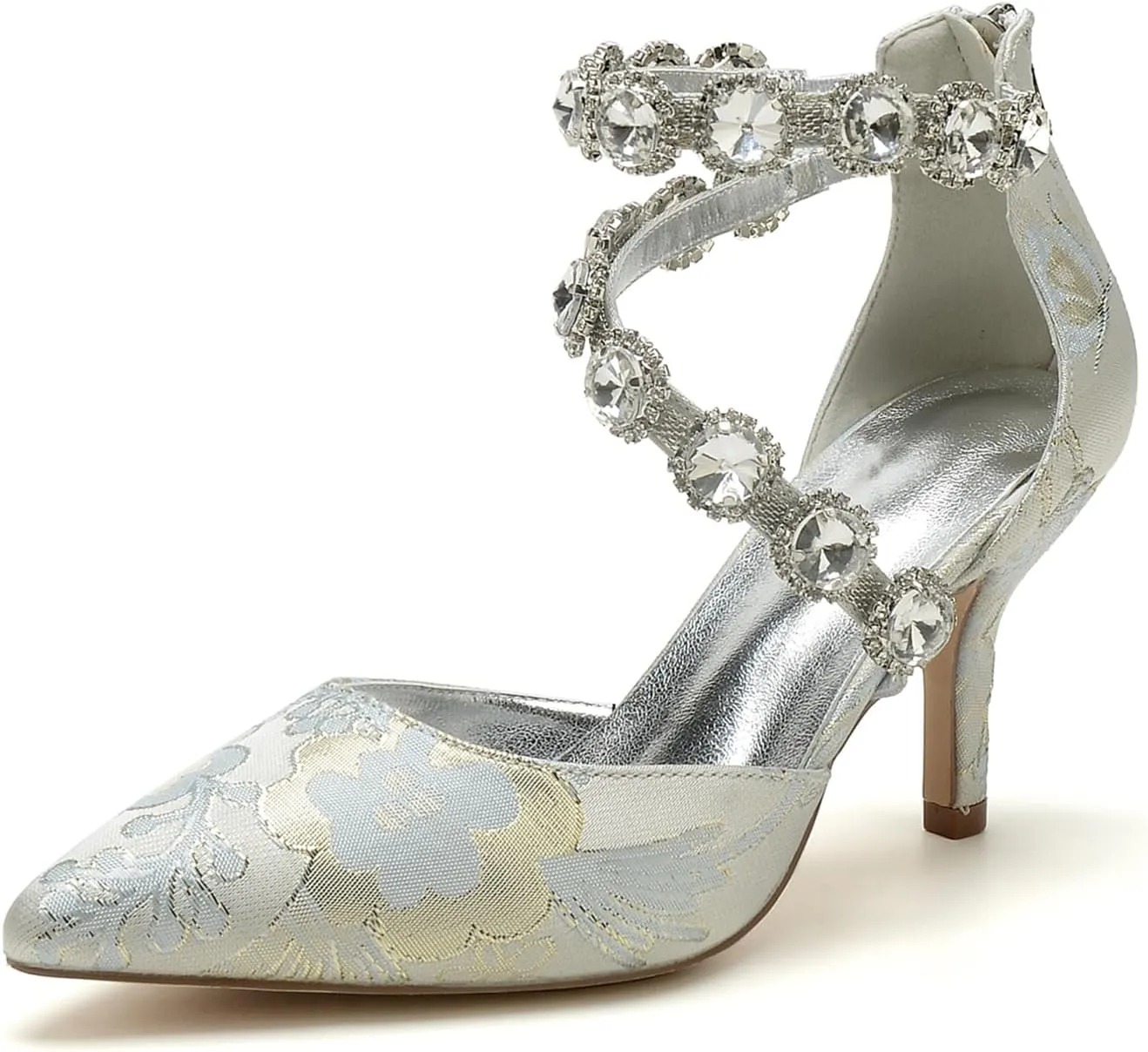 Wedding Shoes for Bride Closed Toe Womens Pointed Toe Bridal Shoes Ankle Strap Stiletto Pumps Floral Satin Evening Dress Sandals Elegant,Silver,11.5