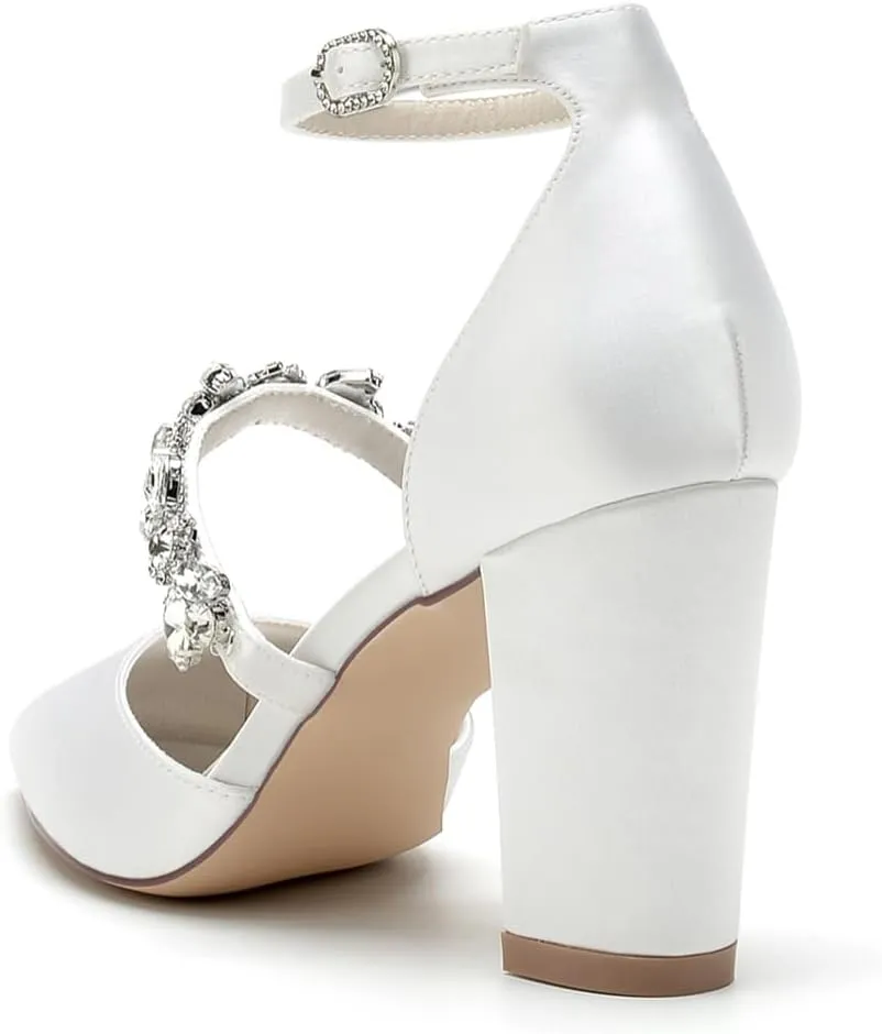 Wedding Shoes for Bride Sandals Satin Bridal Shoes Pointed Toe Chunky Block Heels for Women Sexy Dress Shoes Closed Toe Strap Ankle Buckle High Heels