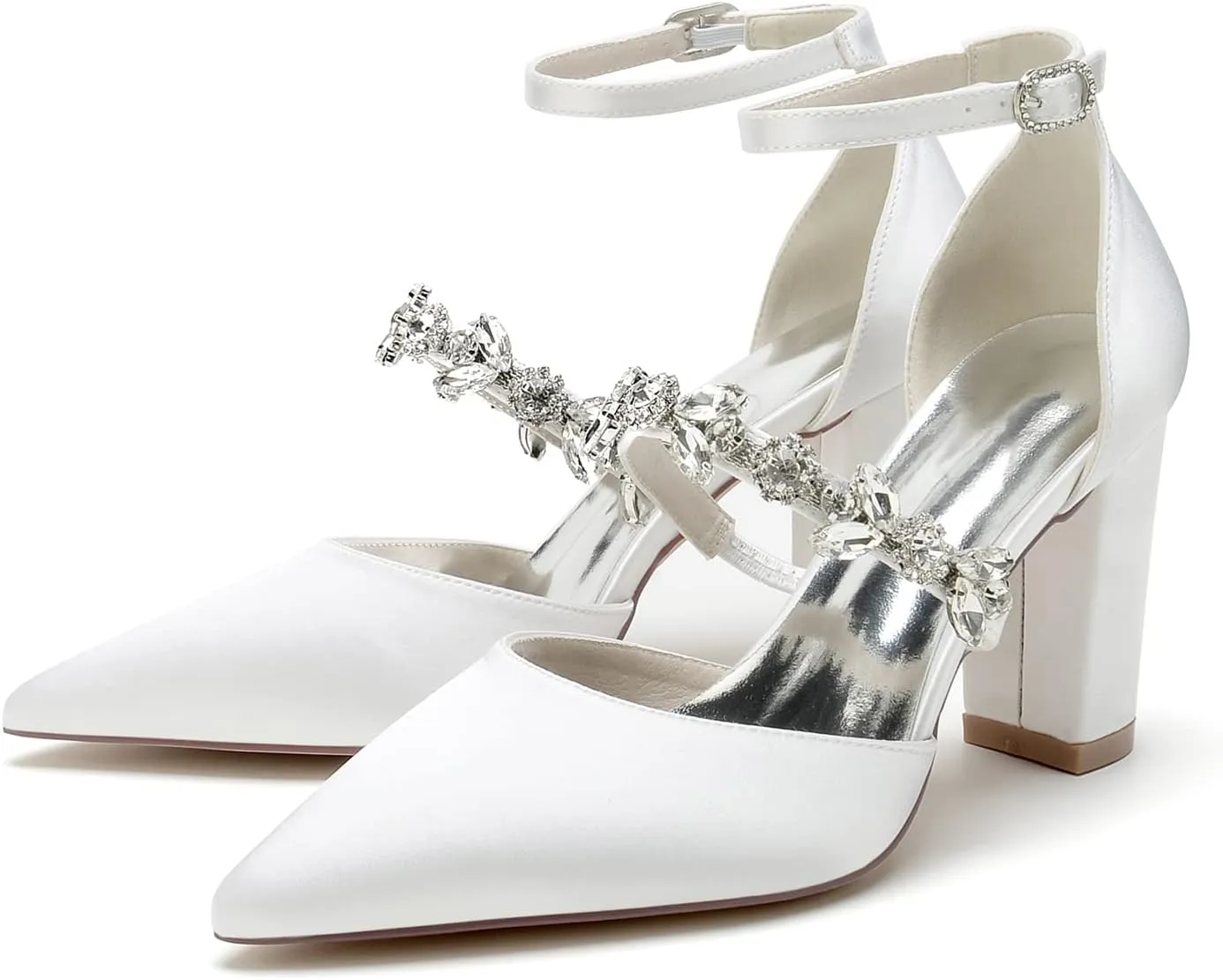 Wedding Shoes for Bride Sandals Satin Bridal Shoes Pointed Toe Chunky Block Heels for Women Sexy Dress Shoes Closed Toe Strap Ankle Buckle High Heels