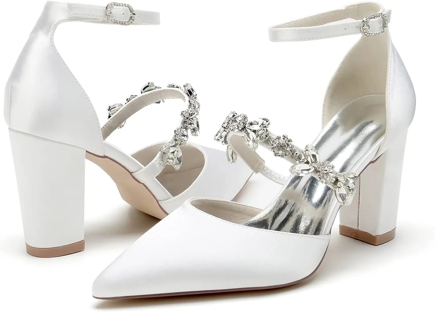 Wedding Shoes for Bride Sandals Satin Bridal Shoes Pointed Toe Chunky Block Heels for Women Sexy Dress Shoes Closed Toe Strap Ankle Buckle High Heels
