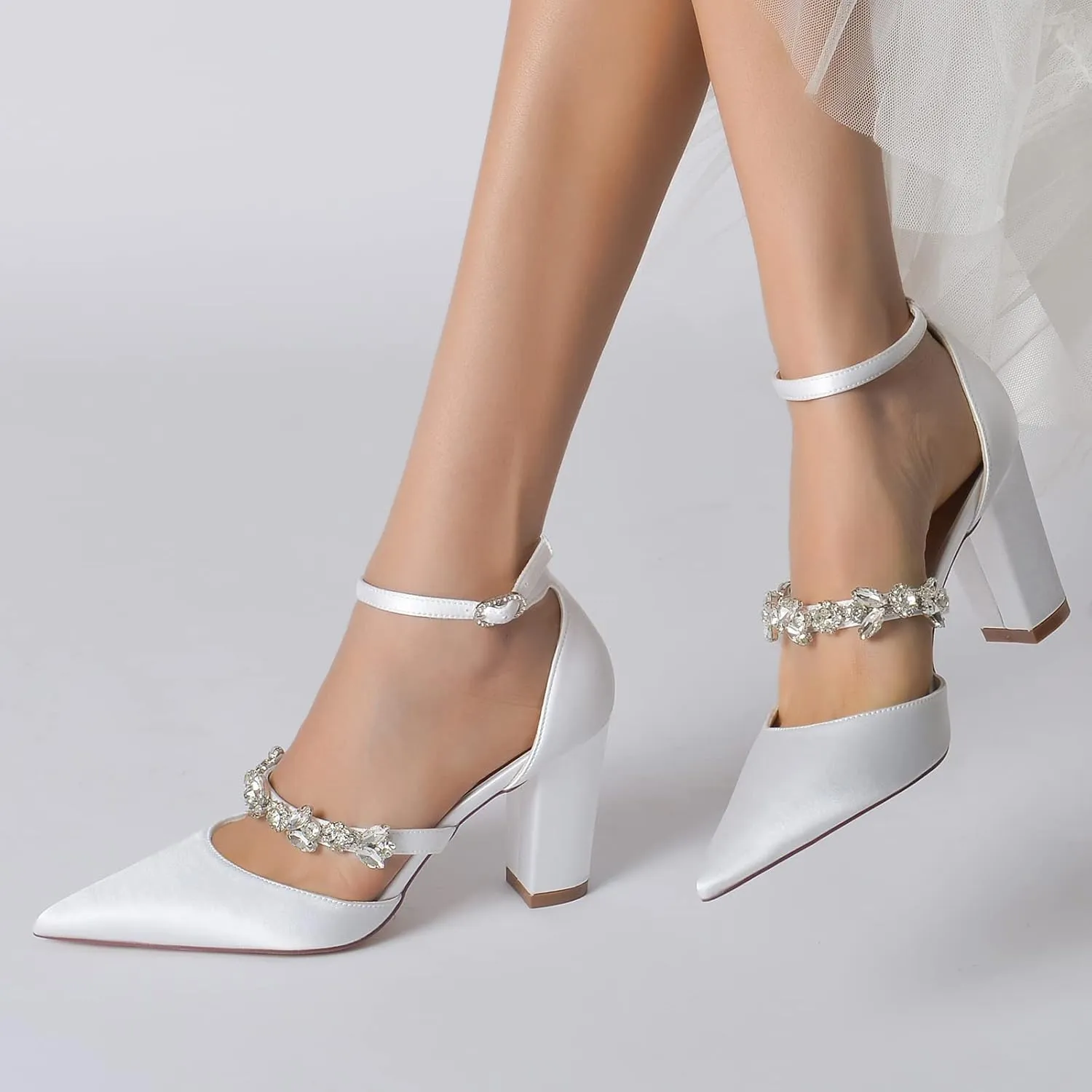Wedding Shoes for Bride Sandals Satin Bridal Shoes Pointed Toe Chunky Block Heels for Women Sexy Dress Shoes Closed Toe Strap Ankle Buckle High Heels