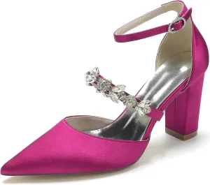 Wedding Shoes for Bride Sandals Satin Bridal Shoes Pointed Toe Chunky Block Heels for Women Sexy Dress Shoes Closed Toe Strap Ankle Buckle High Heels