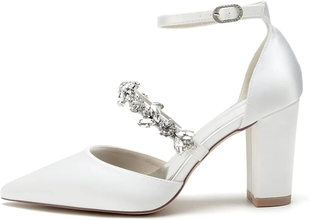 Wedding Shoes for Bride Sandals Satin Bridal Shoes Pointed Toe Chunky Block Heels for Women Sexy Dress Shoes Closed Toe Strap Ankle Buckle High Heels
