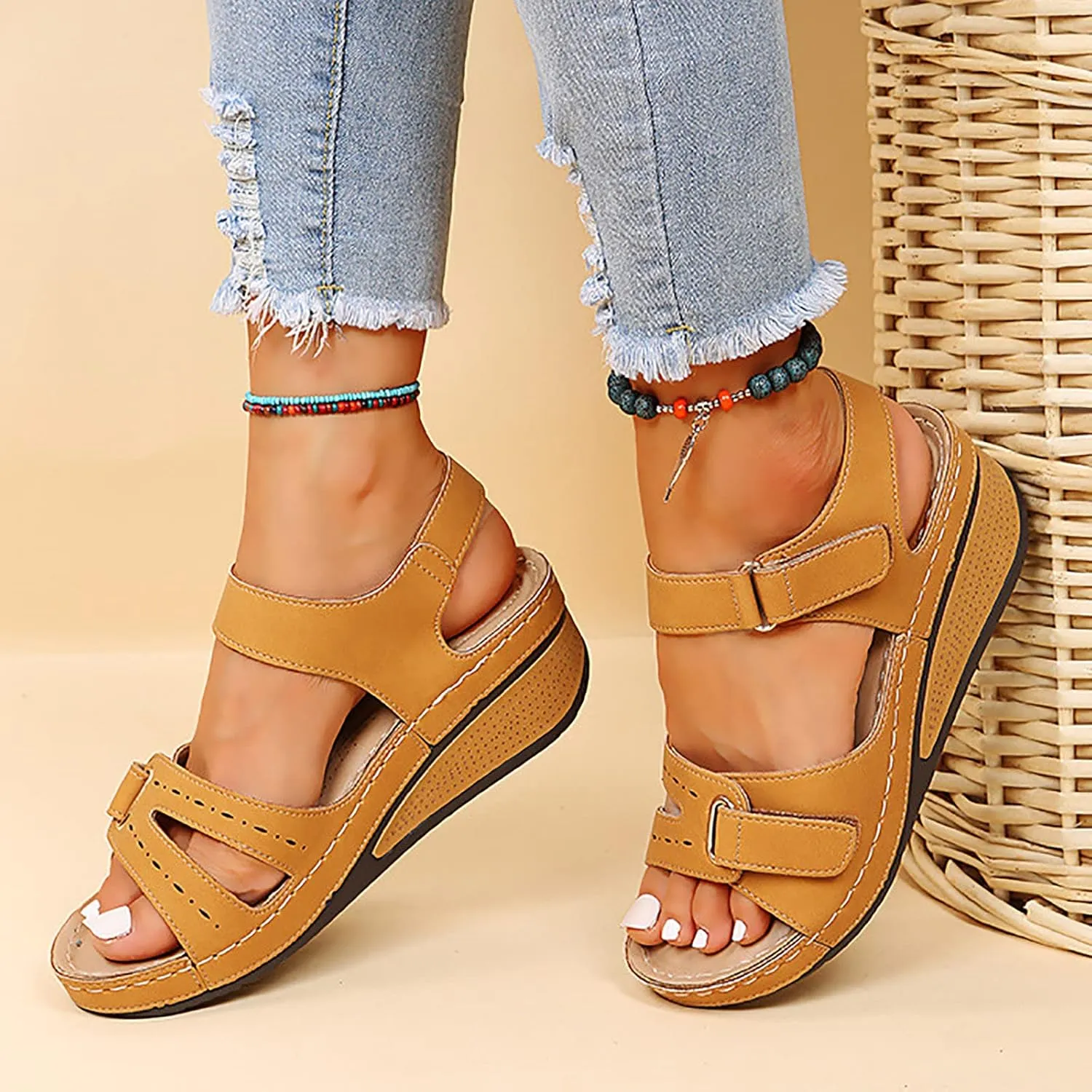 Wedge Sandals For Women Ladies Girls Comfortable Water Resistant Hook And Loop Flexible Cushioned Breathable Abrasion Sandals Summer Independence Day Hiking Outdoors Beach Office Yoga Walking