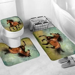 Western Horse Bath Mat Wild Animal Horses Running on The Grassland Watercolor Unique Oil Farmhouse Rustic Animals Men 3 Piece Floor Rugs for Kitchen Toilet Bathtub Rug U-Shaped Carpet