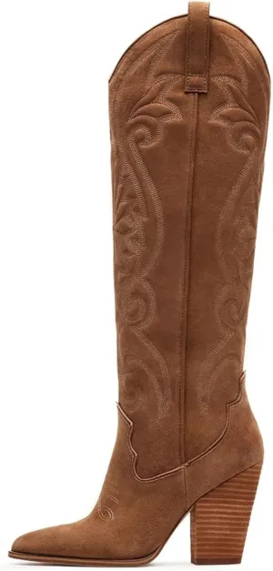 WIRALOMI Women Western Knee High Boots Embroidered Chunky Block Heel Cowboy Boots Pointed Toe Pull on Cowgirl Boots