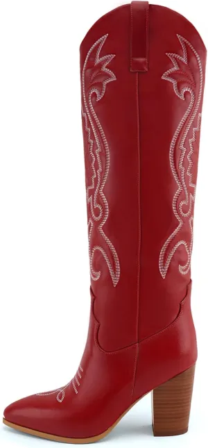 WIRALOMI Women Western Knee High Boots Embroidered Chunky Block Heel Cowboy Boots Pointed Toe Pull on Cowgirl Boots