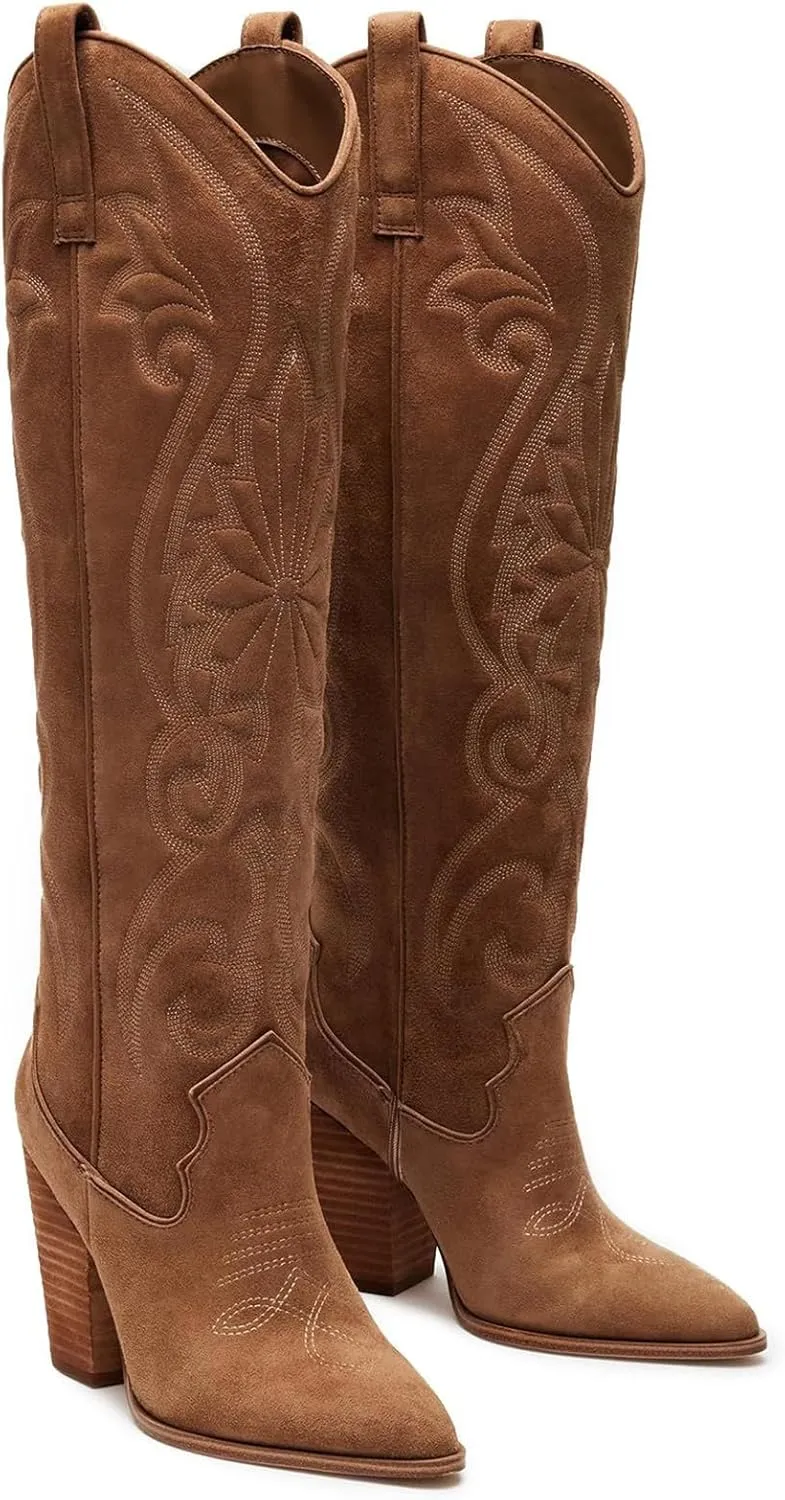 WIRALOMI Women Western Knee High Boots Embroidered Chunky Block Heel Cowboy Boots Pointed Toe Pull on Cowgirl Boots