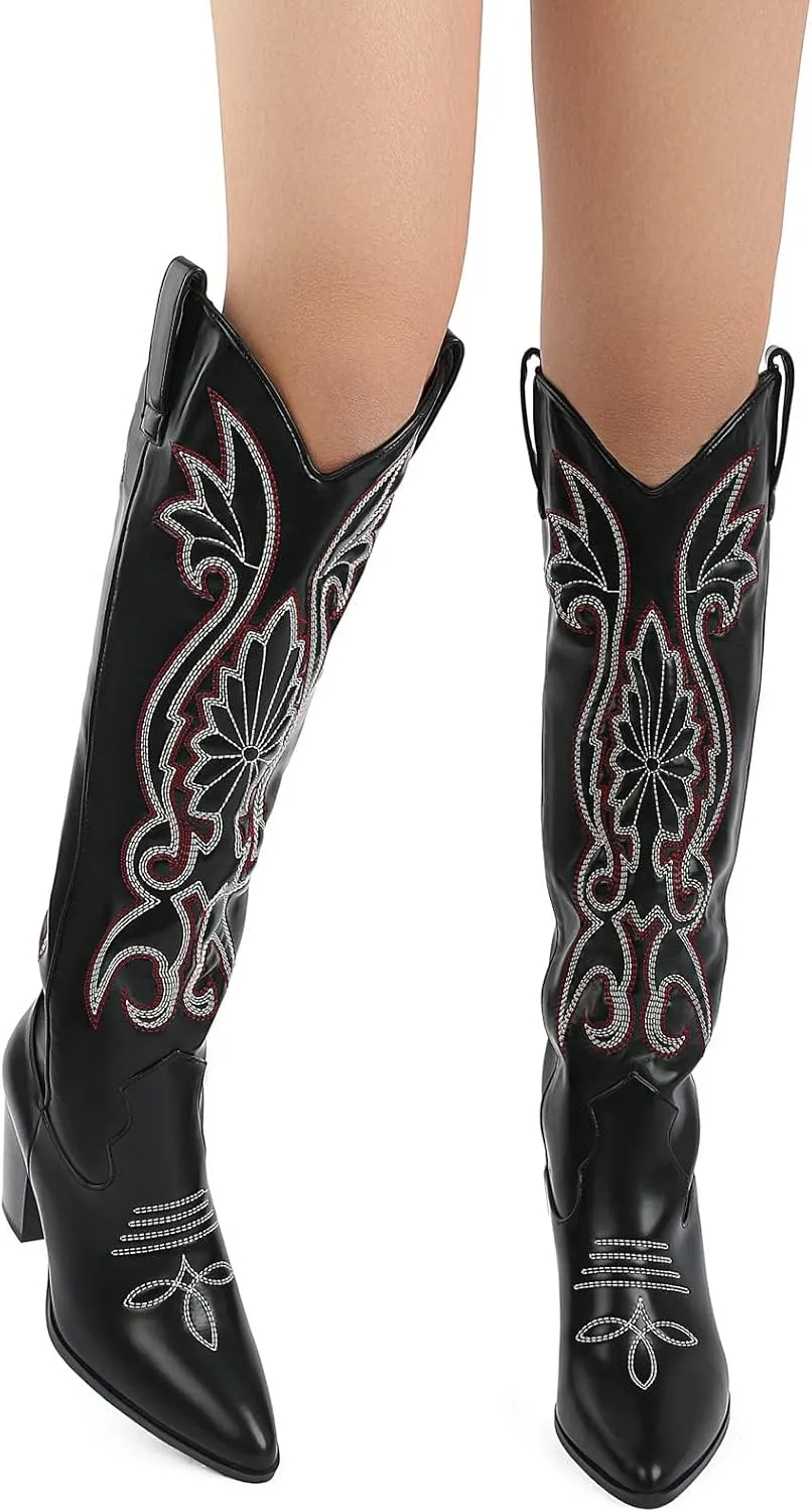 WIRALOMI Women Western Knee High Boots Embroidered Chunky Block Heel Cowboy Boots Pointed Toe Pull on Cowgirl Boots
